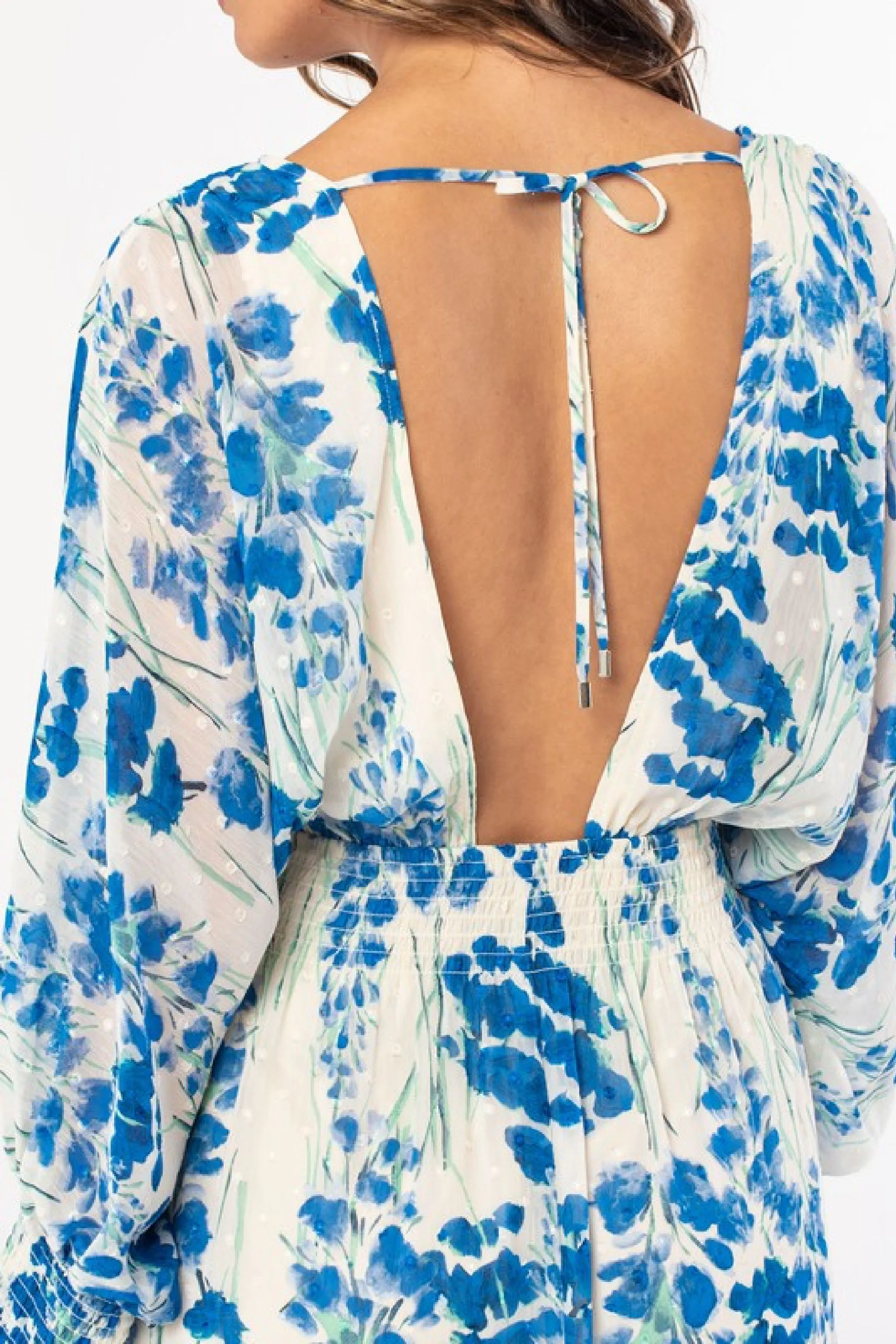 Gemma Long Sleeve Open Back Tie Floral Print Mini Dress Blue