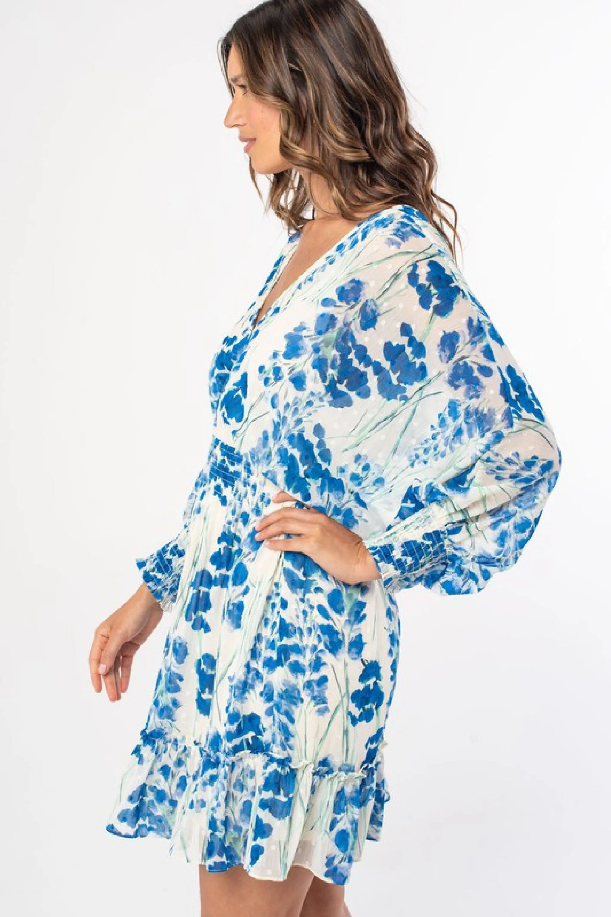 Gemma Long Sleeve Open Back Tie Floral Print Mini Dress Blue