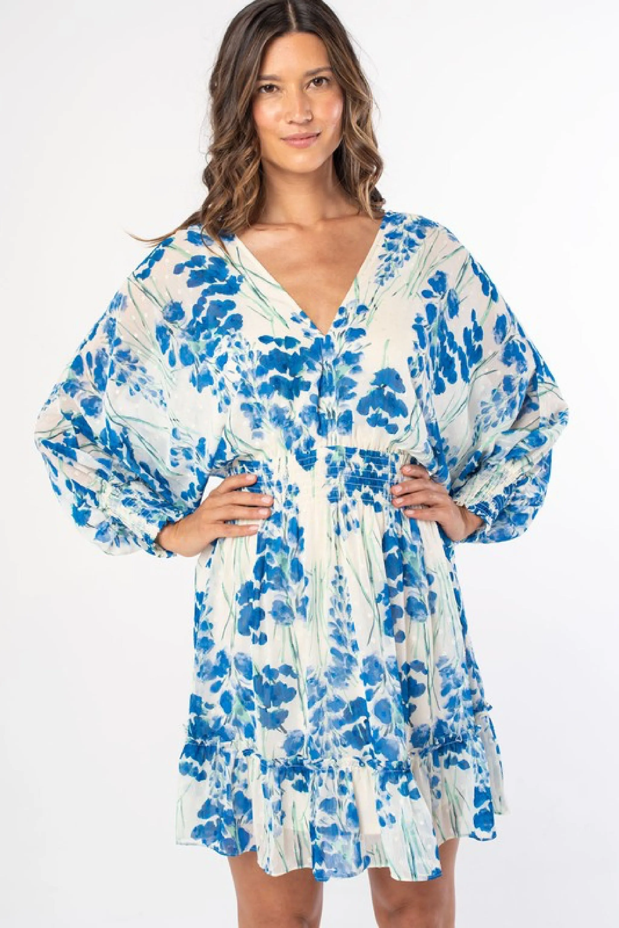 Gemma Long Sleeve Open Back Tie Floral Print Mini Dress Blue