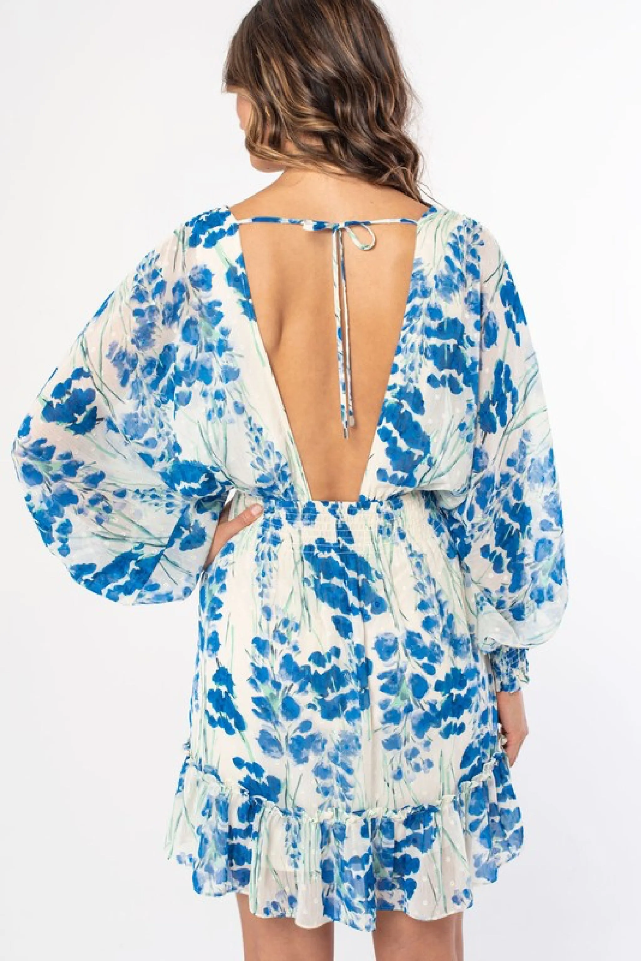 Gemma Long Sleeve Open Back Tie Floral Print Mini Dress Blue