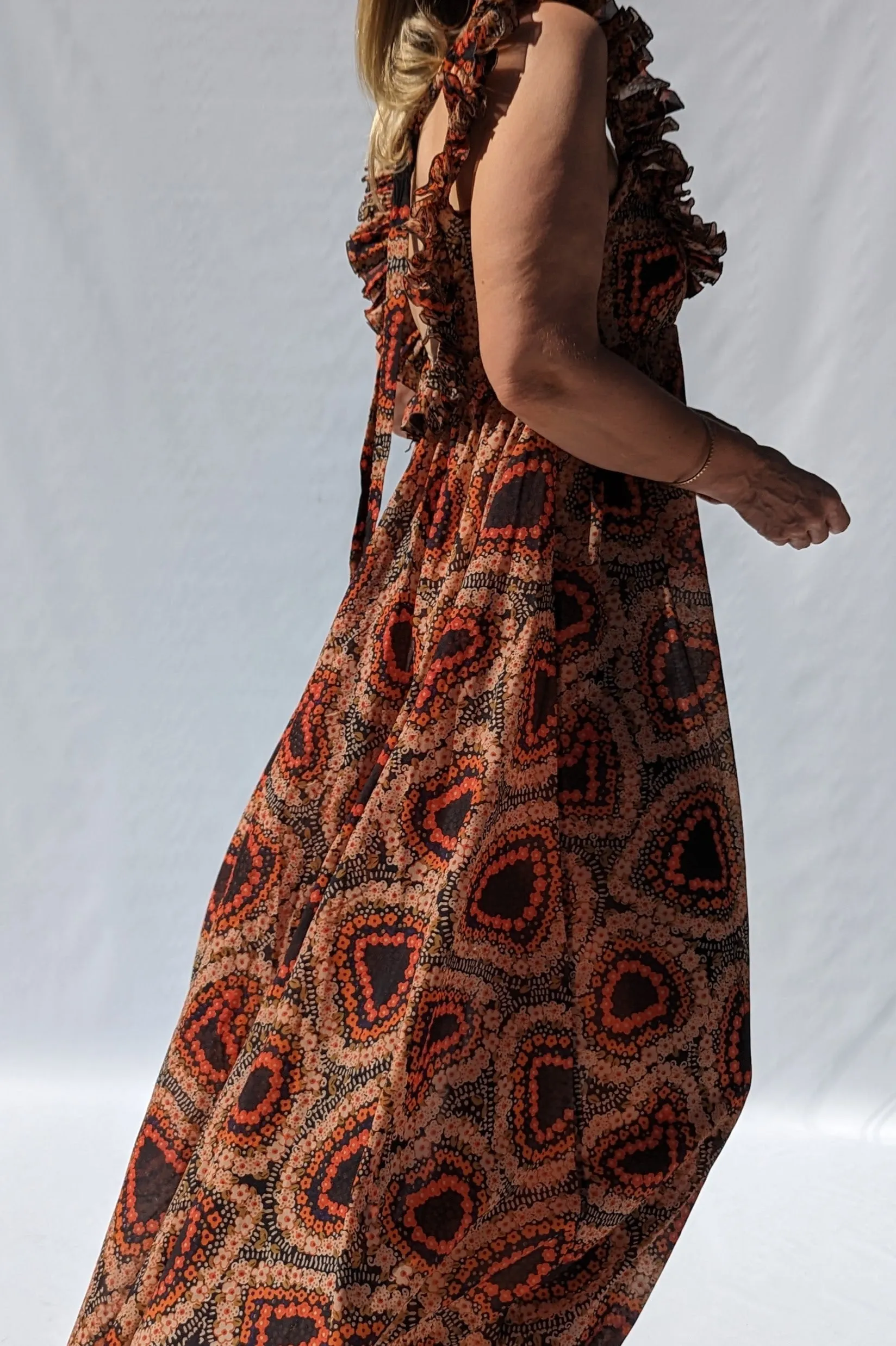 Jean Varon Early 70s Evening Summer Boho Maxi Patterned Dress