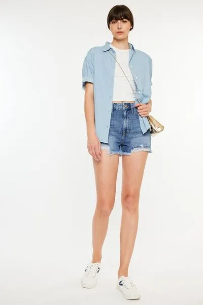 Joni Distressed Raw Hem High Waist Denim Shorts