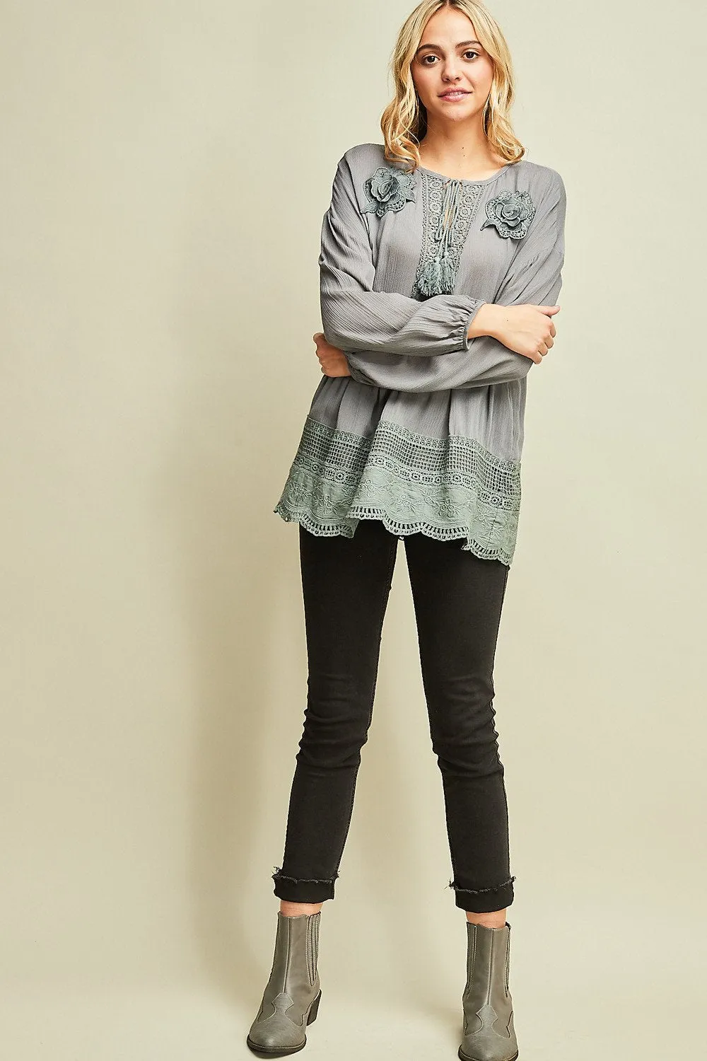 Lace Tunic Top With Tassel Ties by Entro