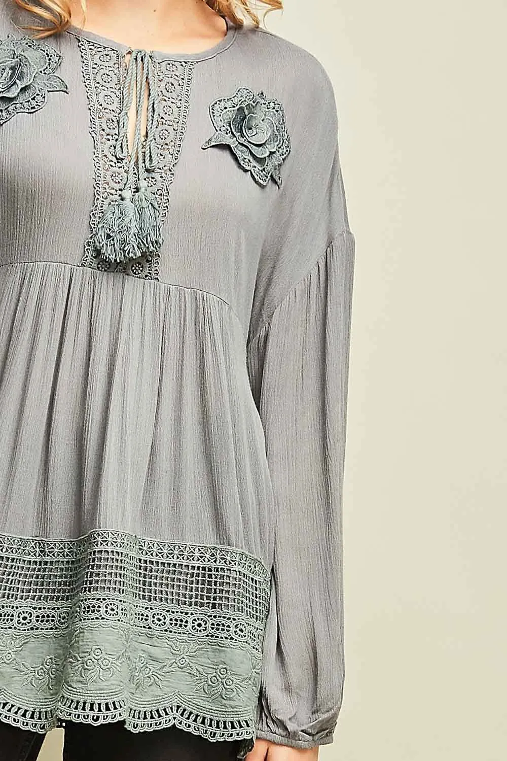 Lace Tunic Top With Tassel Ties by Entro