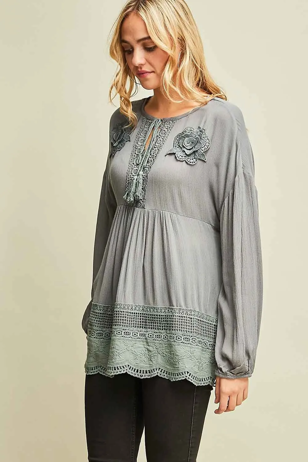 Lace Tunic Top With Tassel Ties by Entro