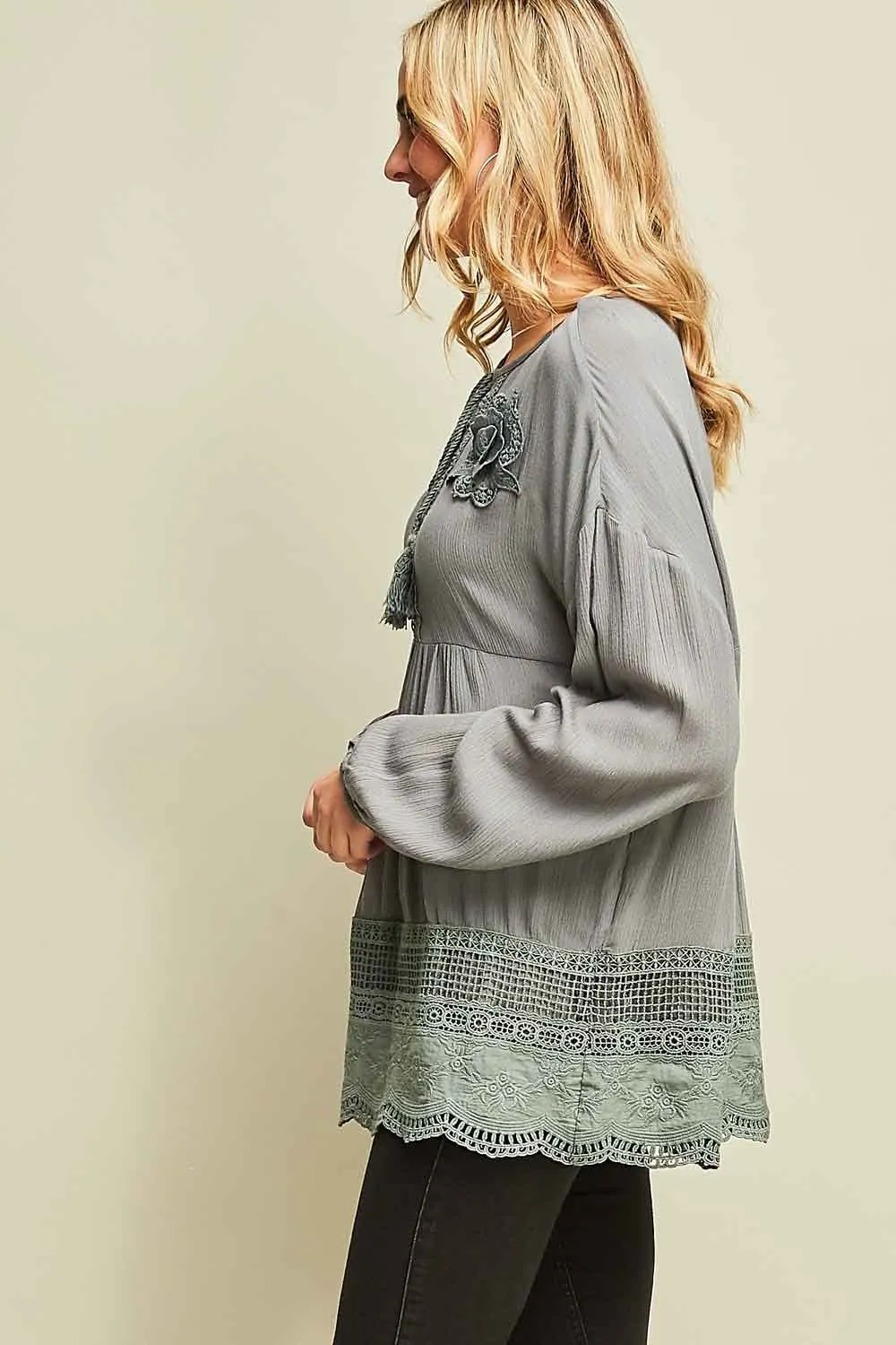 Lace Tunic Top With Tassel Ties by Entro