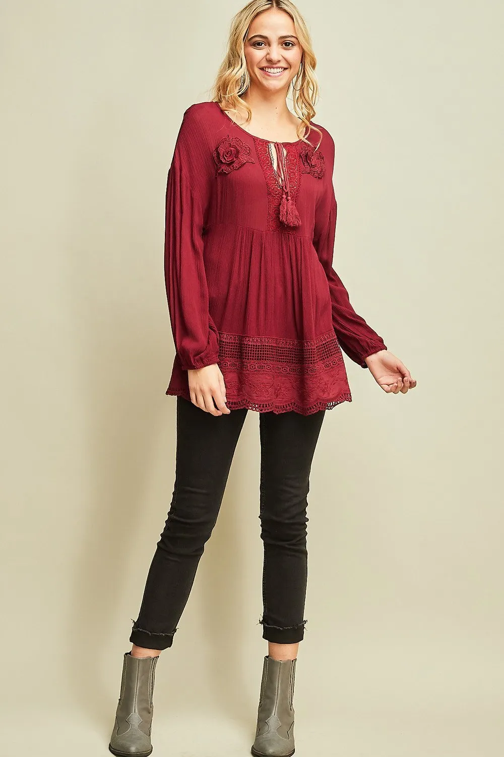 Lace Tunic Top With Tassel Ties by Entro