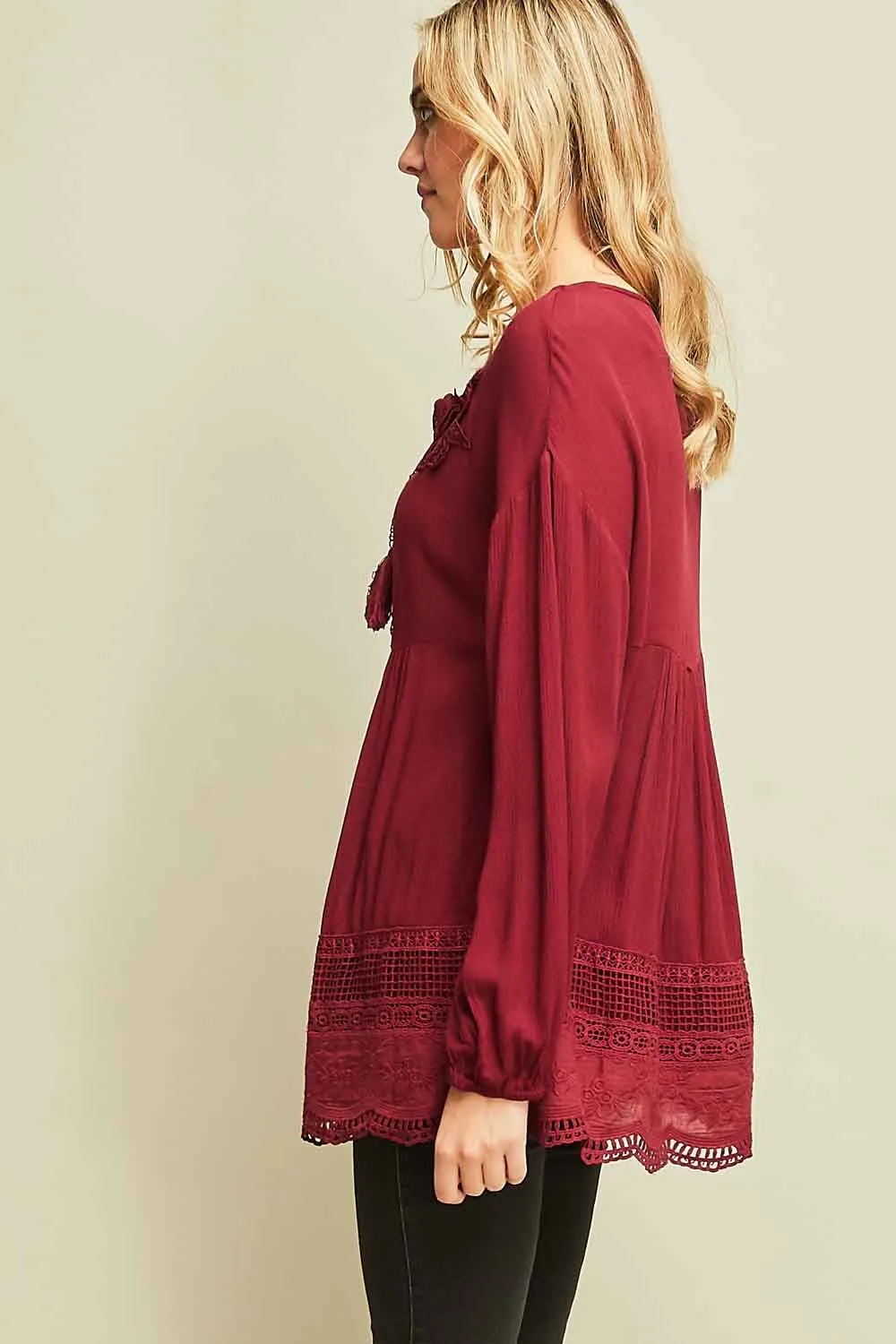 Lace Tunic Top With Tassel Ties by Entro