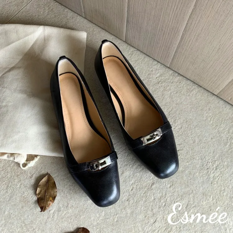 Leather Ballet Flats with Silver Plated Buckle