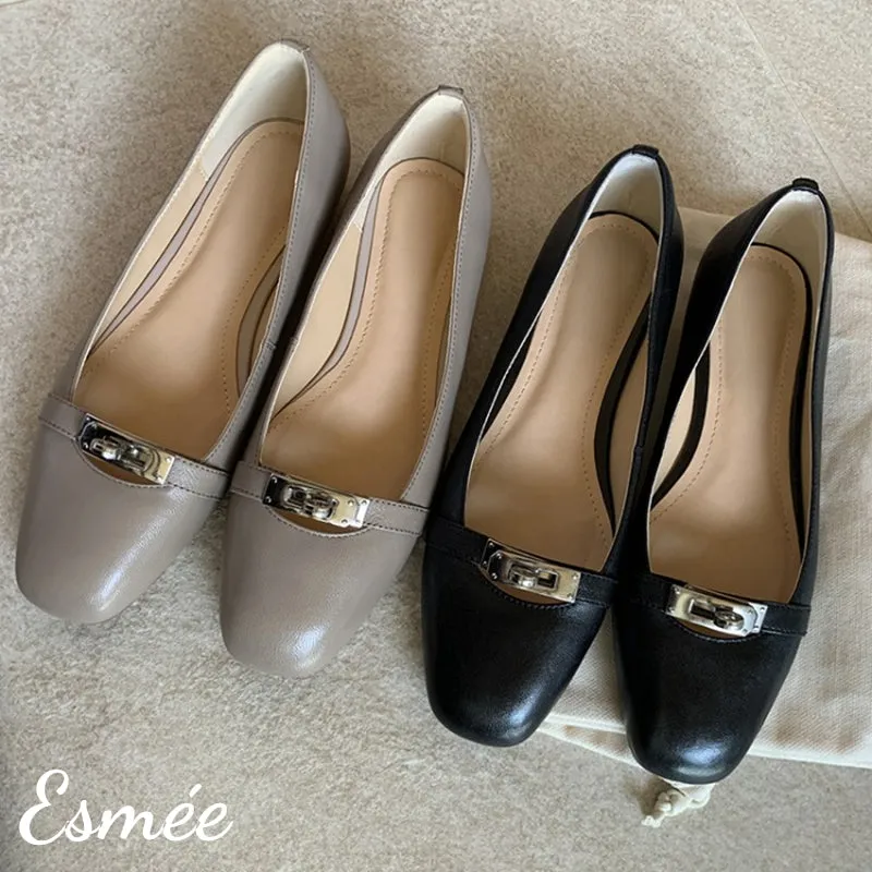 Leather Ballet Flats with Silver Plated Buckle