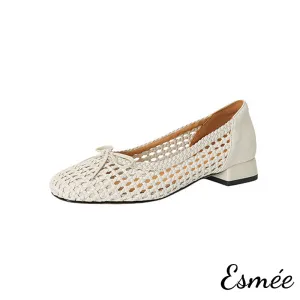 Leather Flats with Net Design and Bow Knot