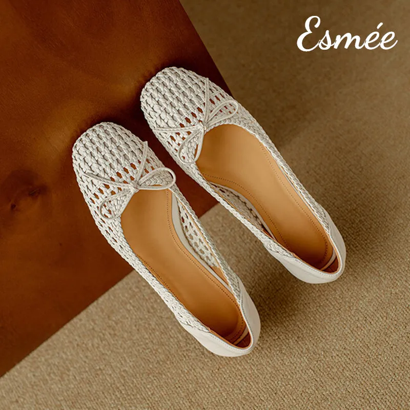 Leather Flats with Net Design and Bow Knot
