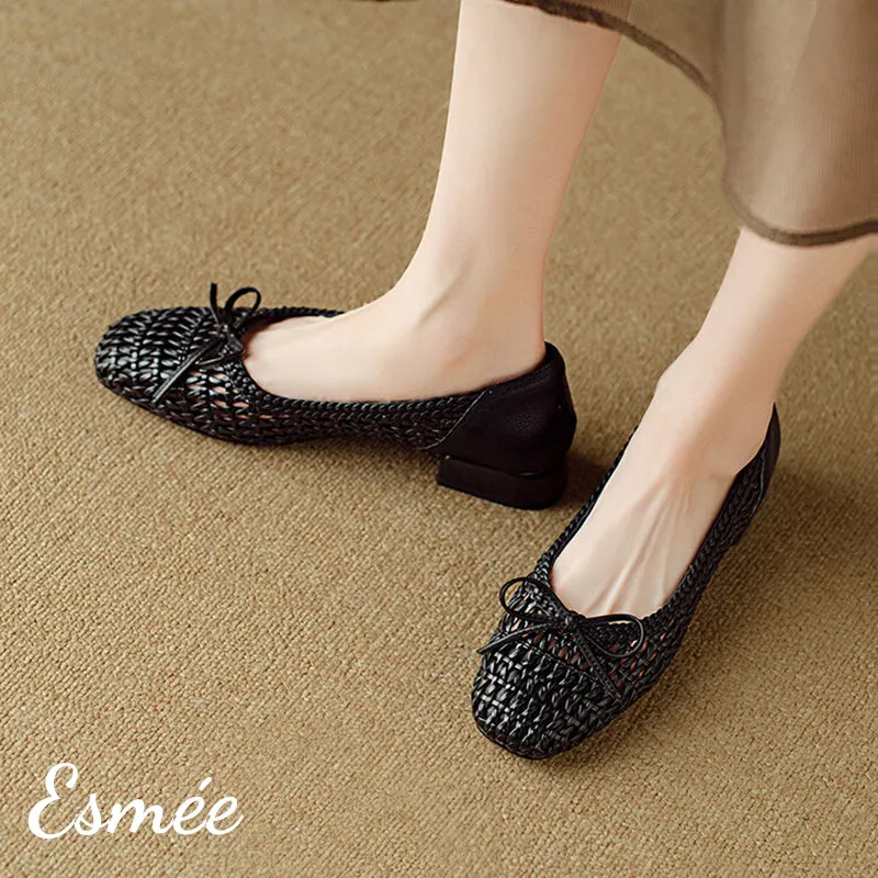 Leather Flats with Net Design and Bow Knot
