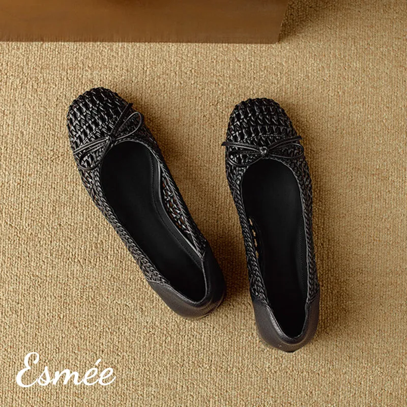 Leather Flats with Net Design and Bow Knot