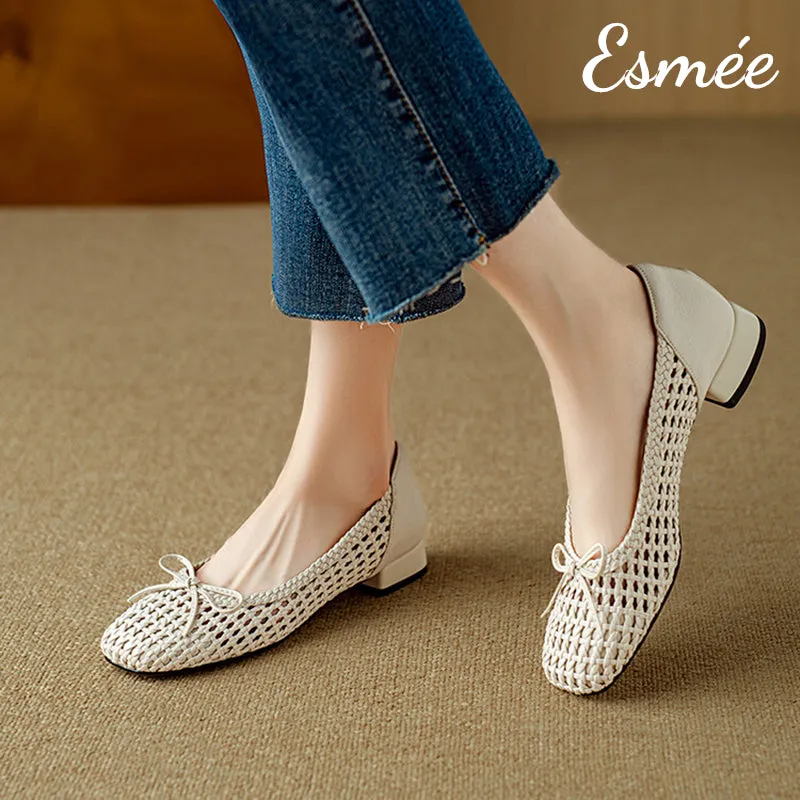 Leather Flats with Net Design and Bow Knot