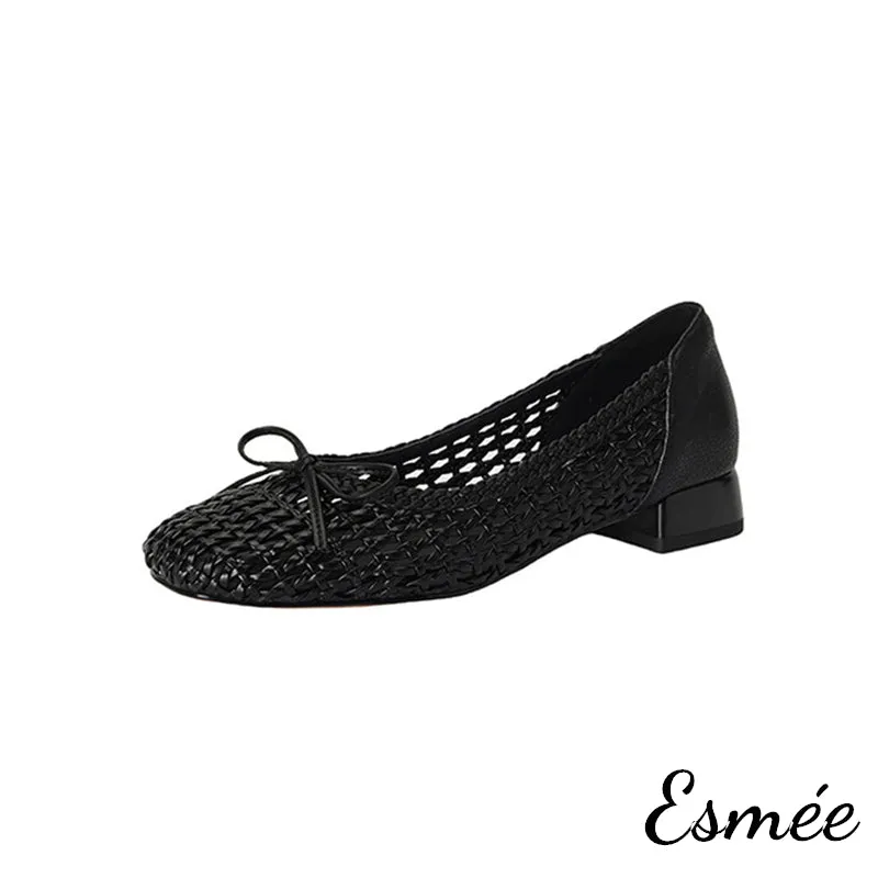 Leather Flats with Net Design and Bow Knot