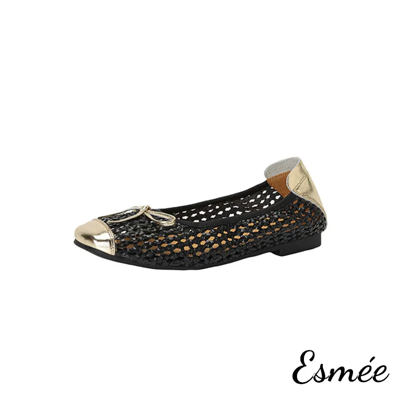 Leather Net Ballerina Flats with Golden Toe and Heel Cap