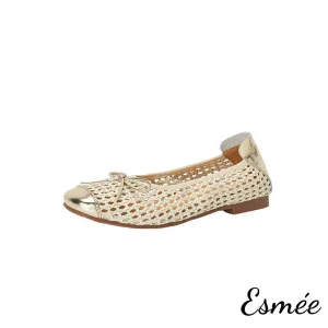 Leather Net Ballerina Flats with Golden Toe and Heel Cap