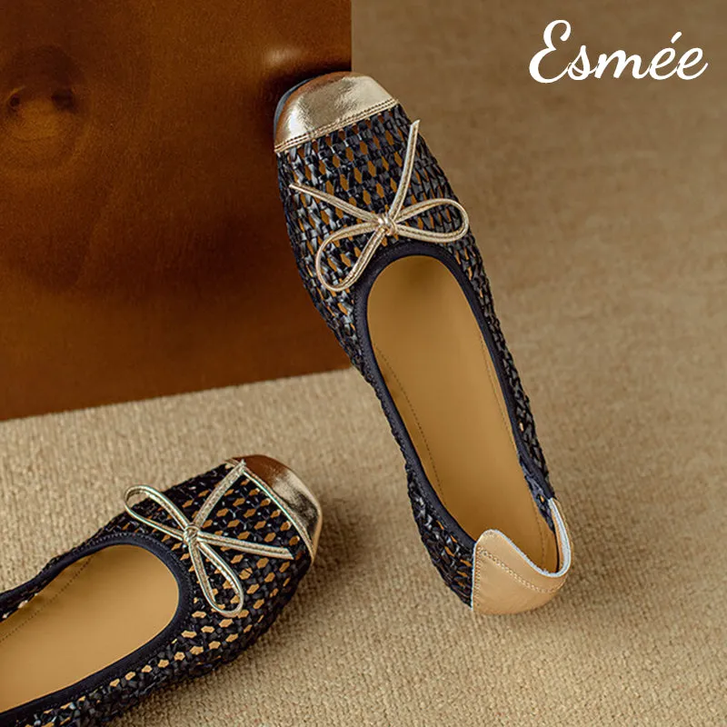 Leather Net Ballerina Flats with Golden Toe and Heel Cap