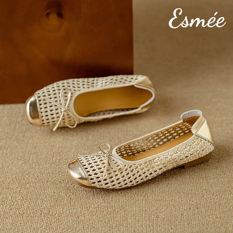 Leather Net Ballerina Flats with Golden Toe and Heel Cap