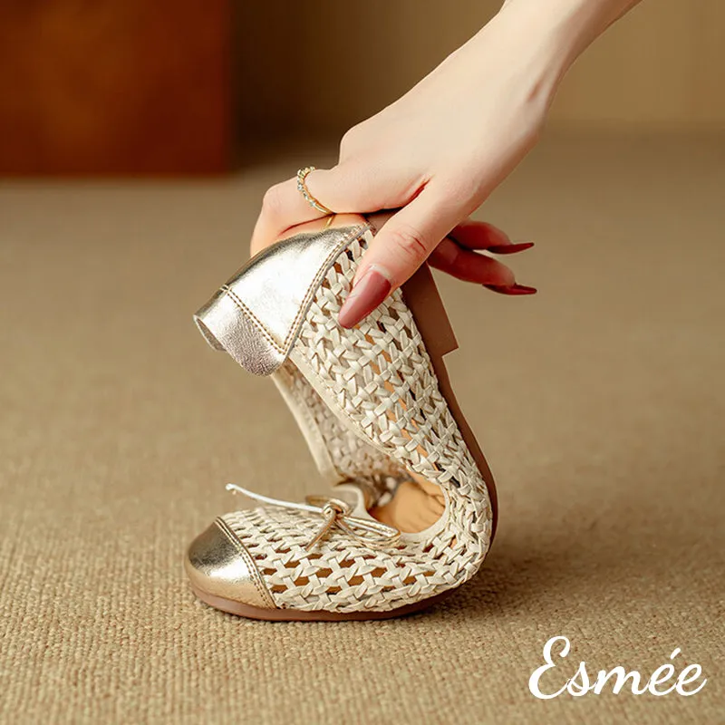 Leather Net Ballerina Flats with Golden Toe and Heel Cap