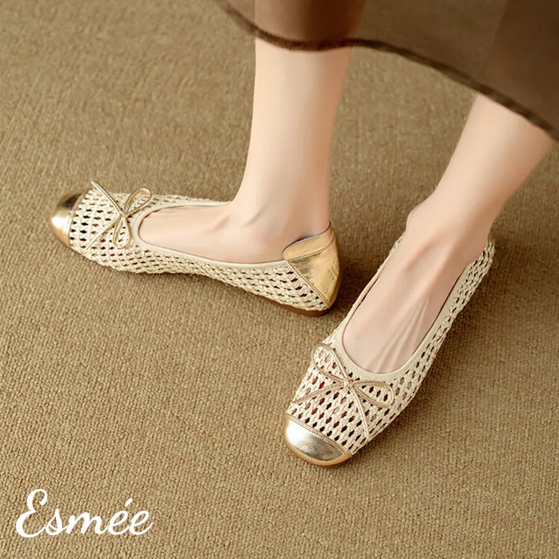 Leather Net Ballerina Flats with Golden Toe and Heel Cap