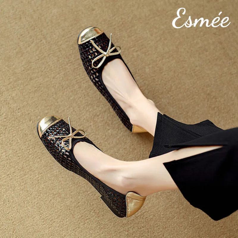 Leather Net Ballerina Flats with Golden Toe and Heel Cap