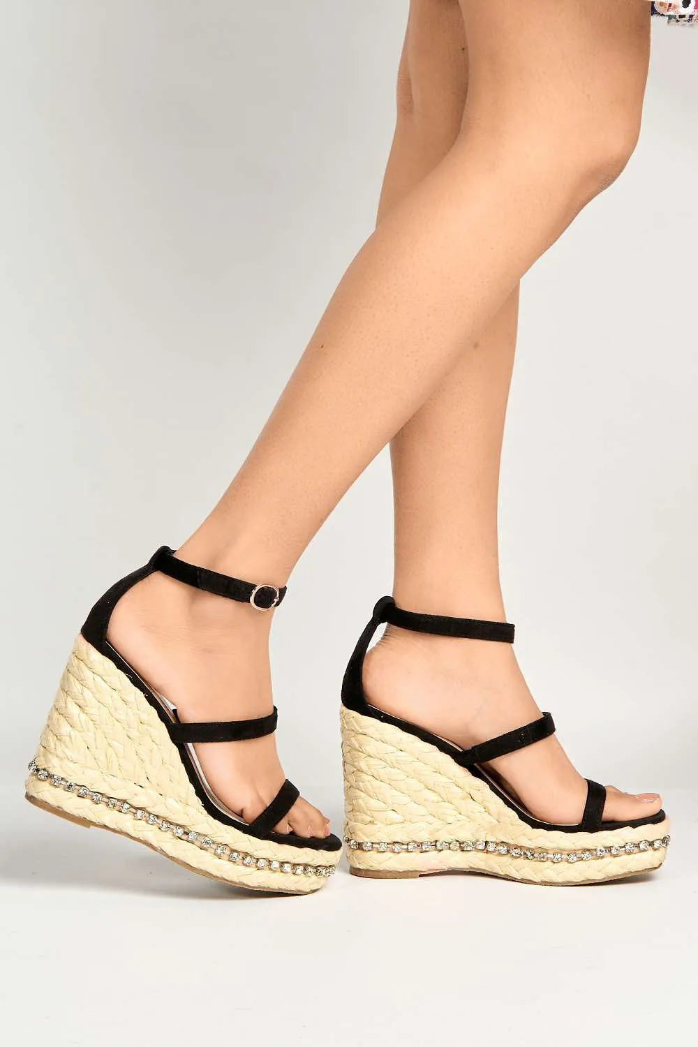 Michelle Espadrille Ankle Strap Stud Sole Sandal Wedge in Black