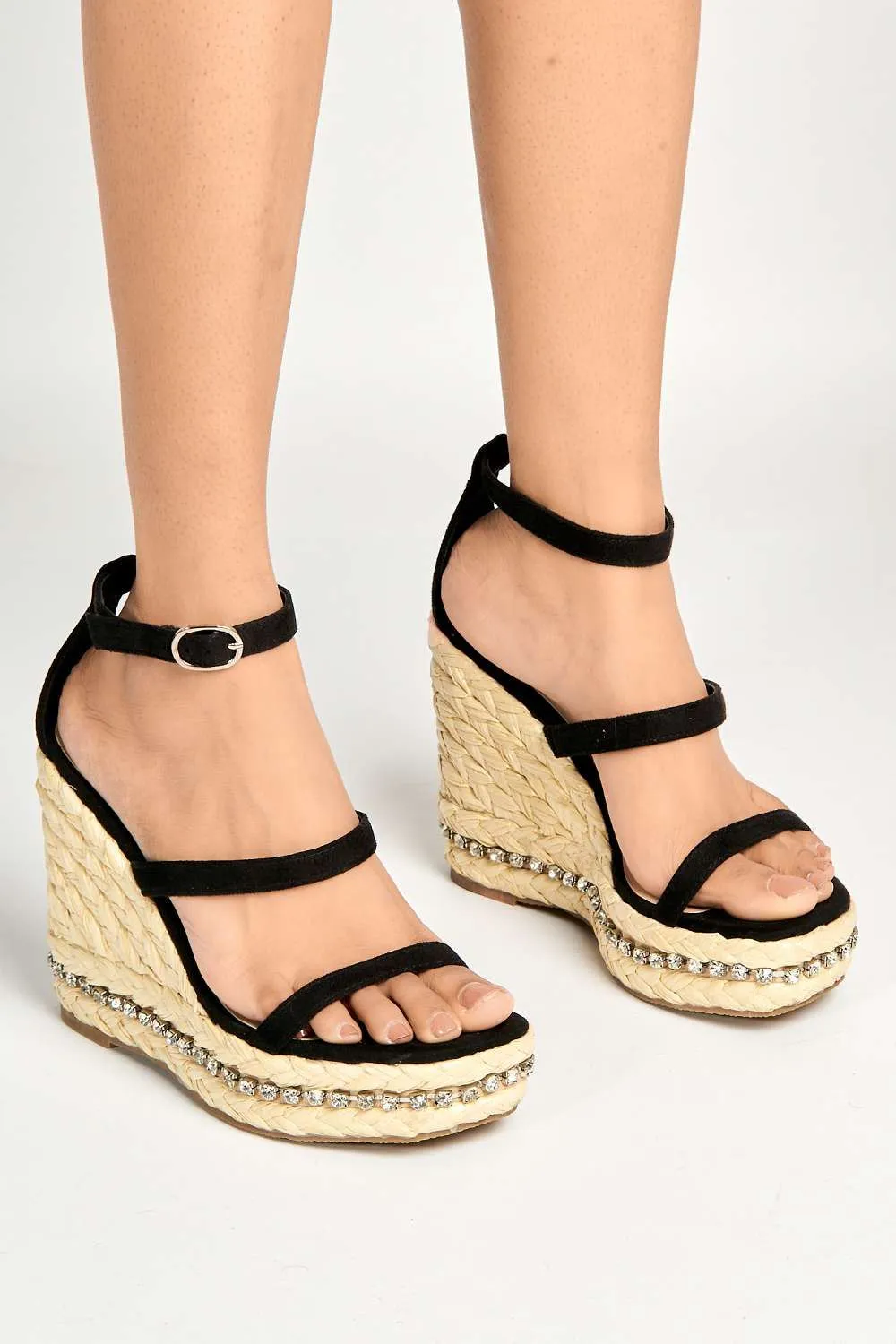 Michelle Espadrille Ankle Strap Stud Sole Sandal Wedge in Black