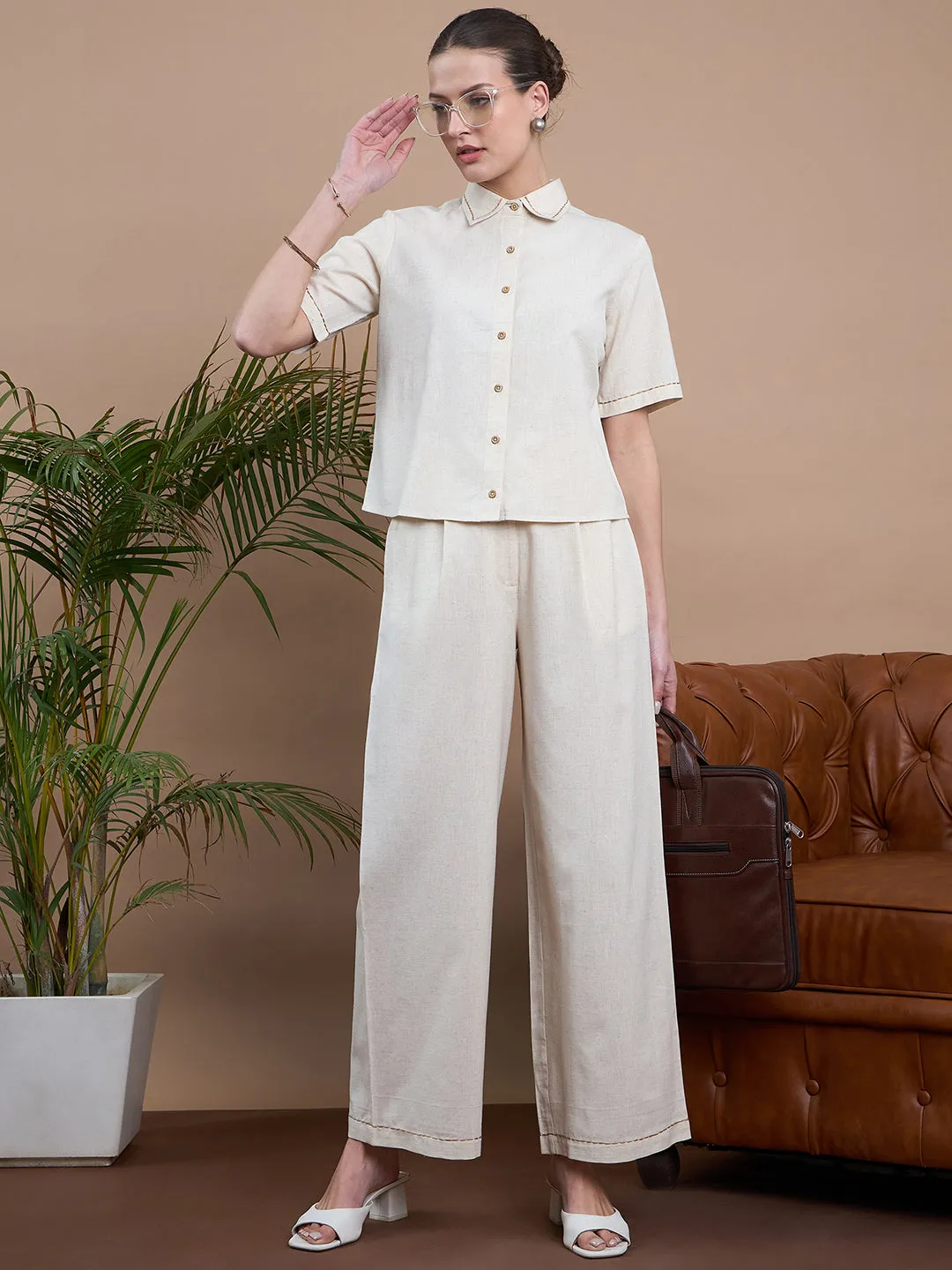 Noi Women Solid Shirt And Trouser Co-Ord Set