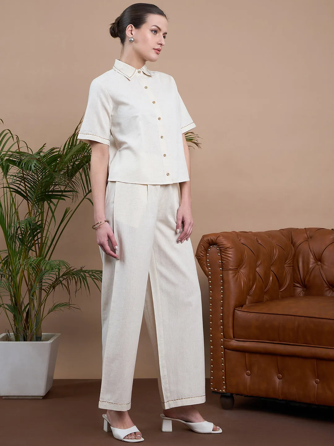 Noi Women Solid Shirt And Trouser Co-Ord Set
