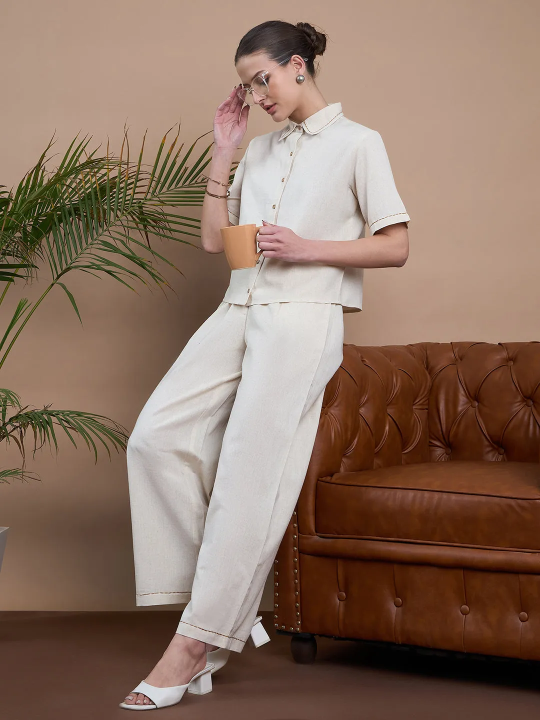 Noi Women Solid Shirt And Trouser Co-Ord Set