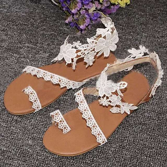 Purpdrank - Women's Wedding Shoes Sandals Boho Bohemia Beach Flat Sandals Plus Size Wedding Daily Beach Wedding Flats Wedding Sandals Bridal Shoes Summer Flower Flat Heel Open Toe Cute Elegant Classic Lace PU