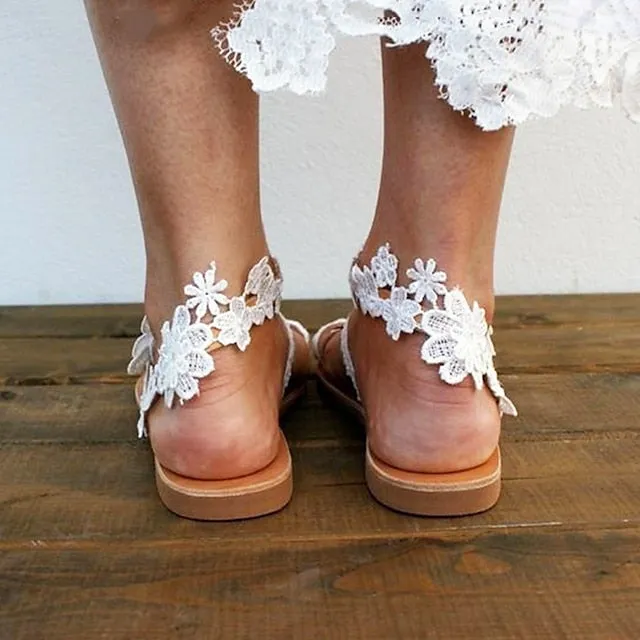 Purpdrank - Women's Wedding Shoes Sandals Boho Bohemia Beach Flat Sandals Plus Size Wedding Daily Beach Wedding Flats Wedding Sandals Bridal Shoes Summer Flower Flat Heel Open Toe Cute Elegant Classic Lace PU