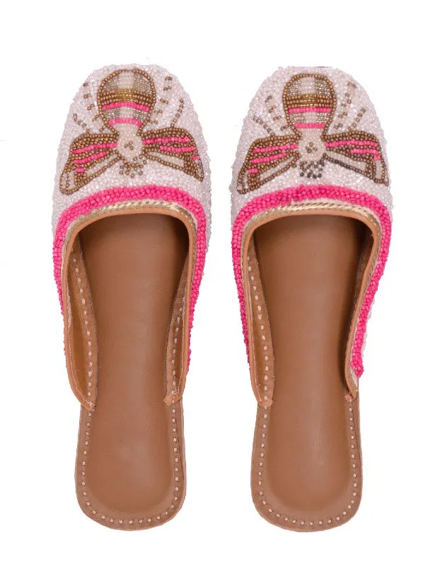 Queenbee - White Embellished Polyester Open Mules
