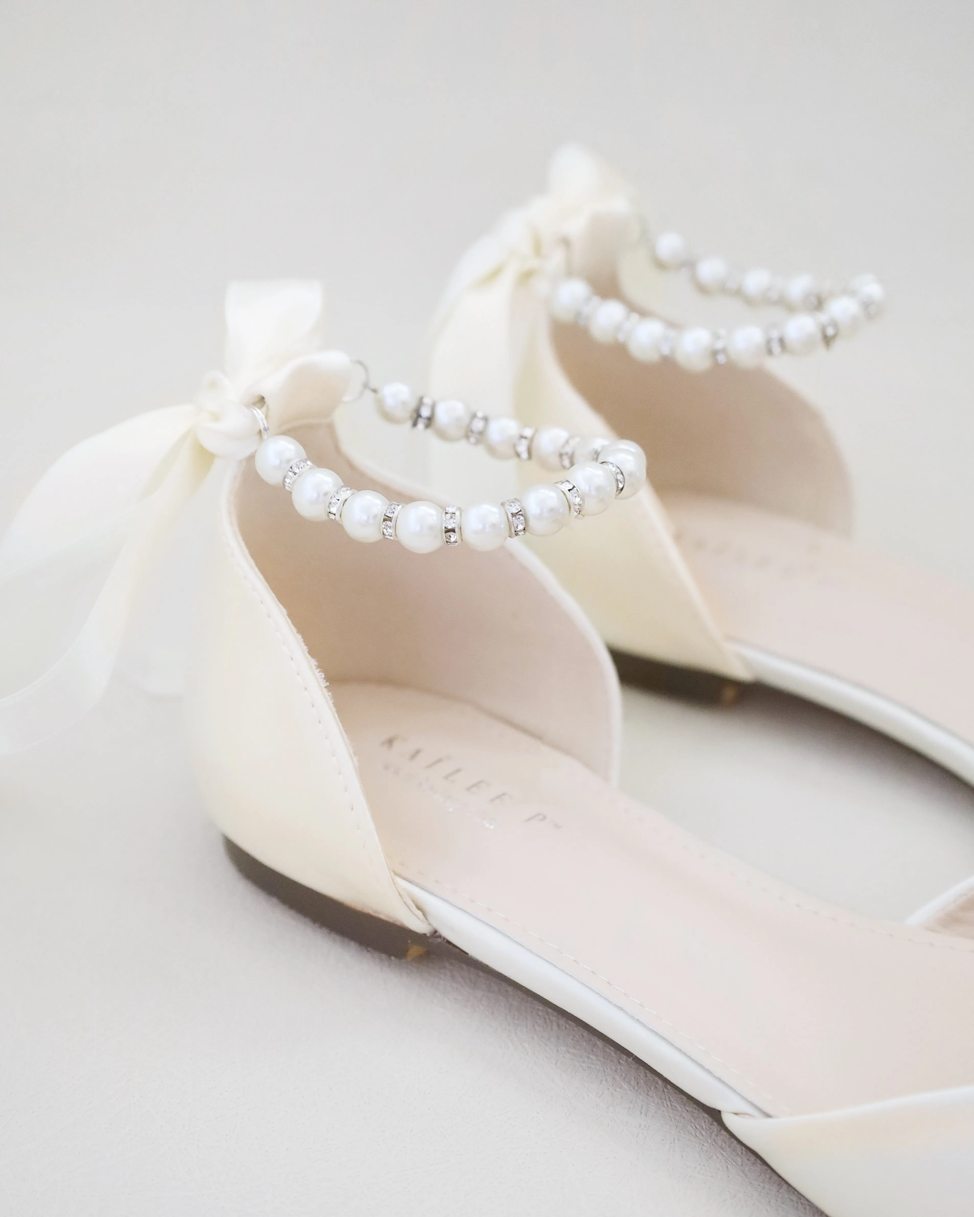 Satin Pointy Toe Bridal Flats with Ribbon Tie or Pearls Strap
