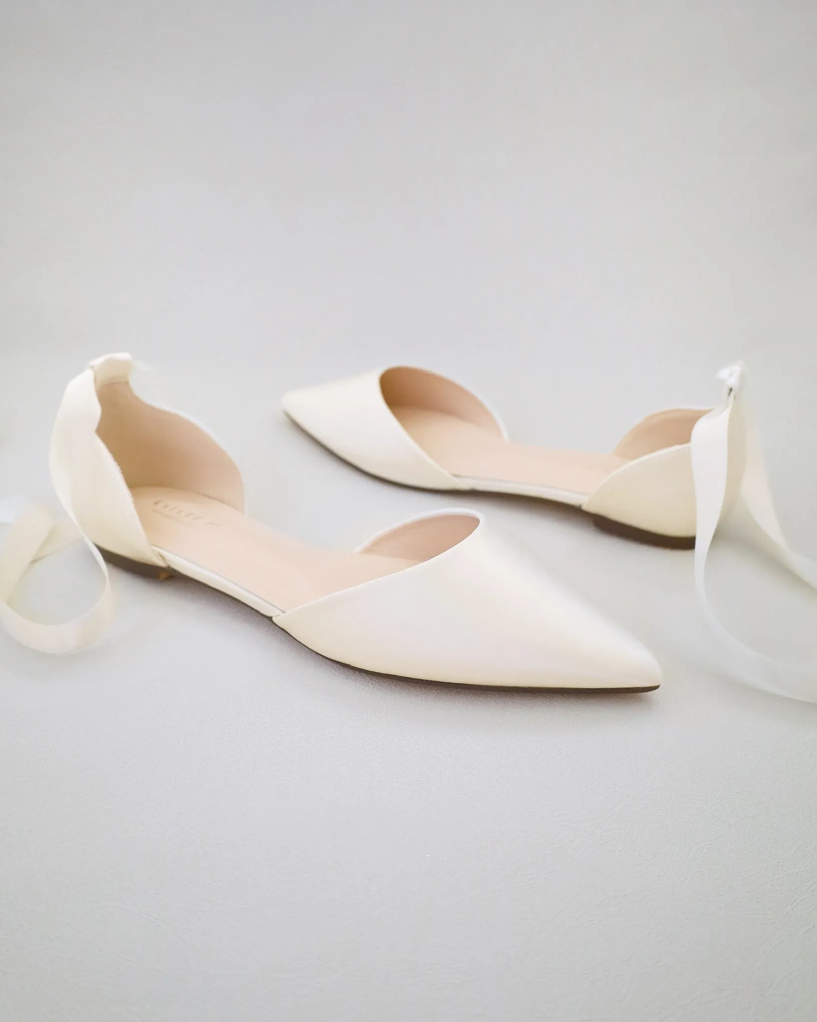 Satin Pointy Toe Bridal Flats with Ribbon Tie or Pearls Strap