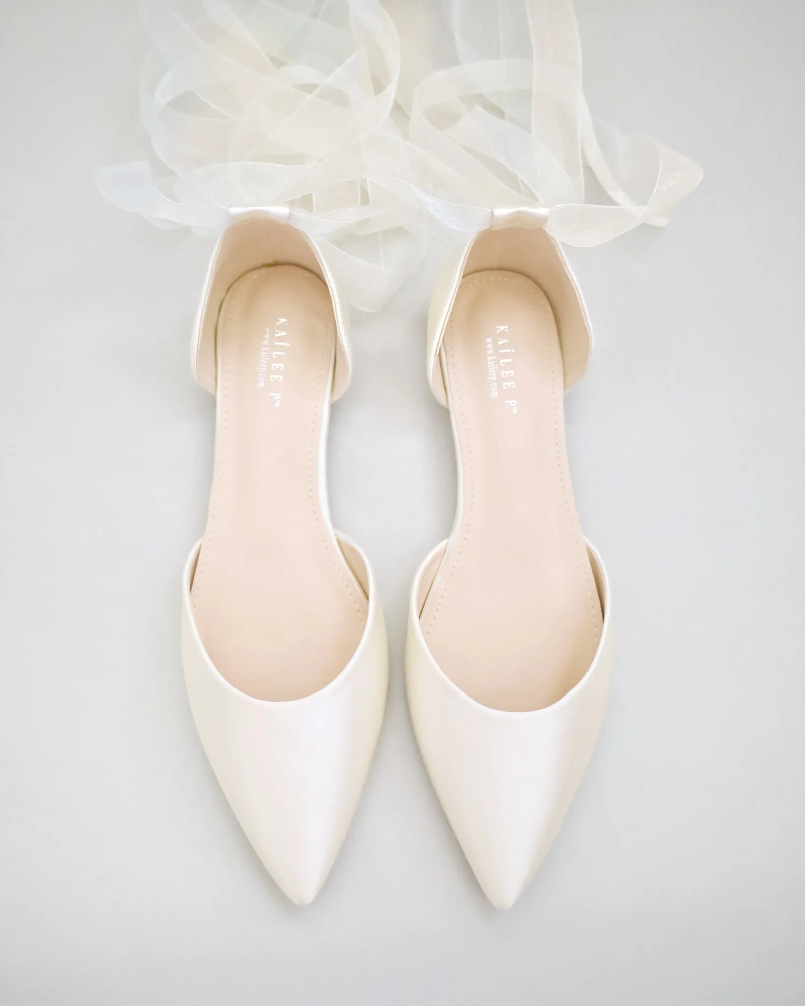 Satin Pointy Toe Bridal Flats with Ribbon Tie or Pearls Strap