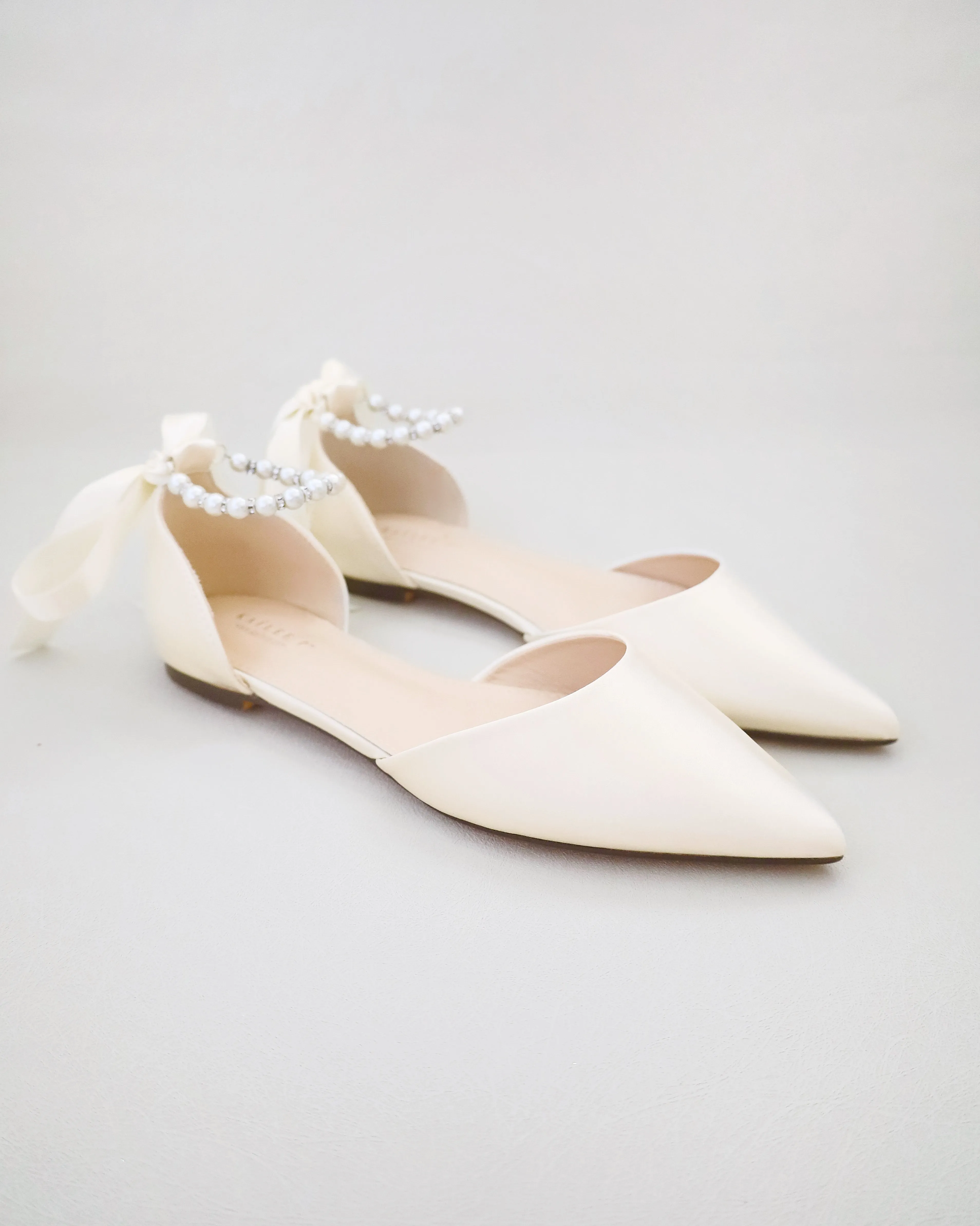 Satin Pointy Toe Bridal Flats with Ribbon Tie or Pearls Strap