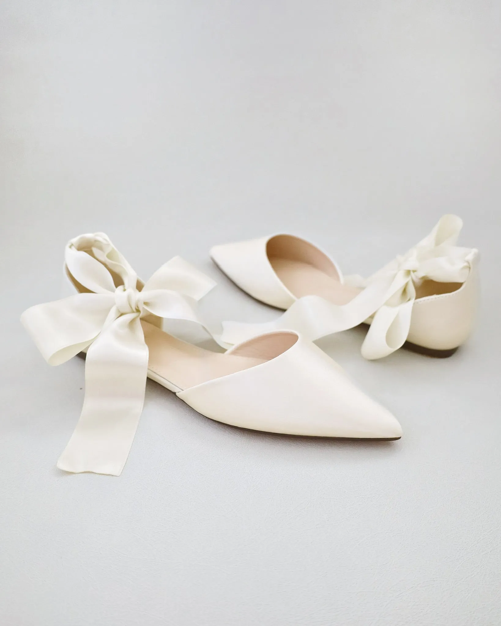 Satin Pointy Toe Bridal Flats with Ribbon Tie or Pearls Strap