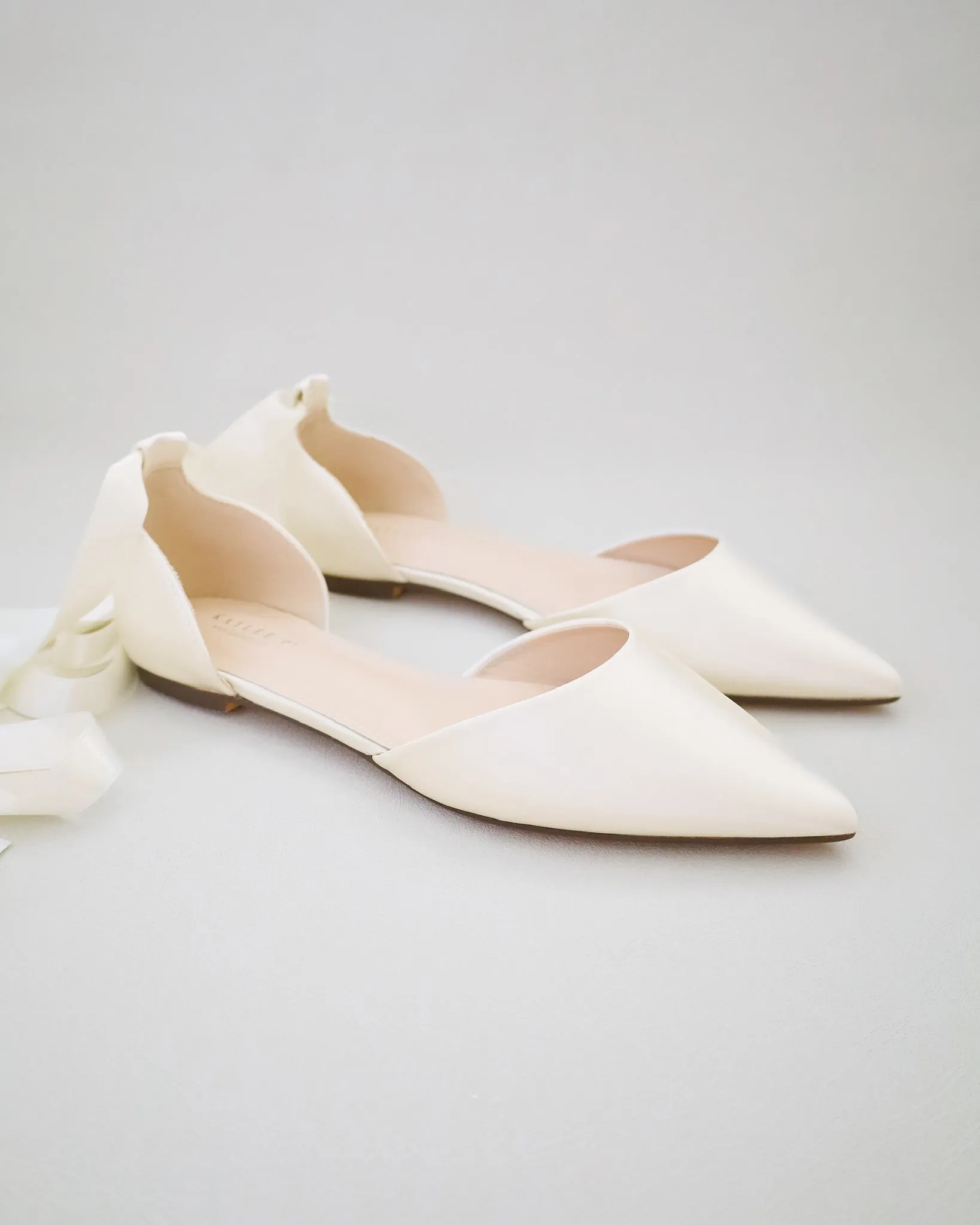 Satin Pointy Toe Bridal Flats with Ribbon Tie or Pearls Strap