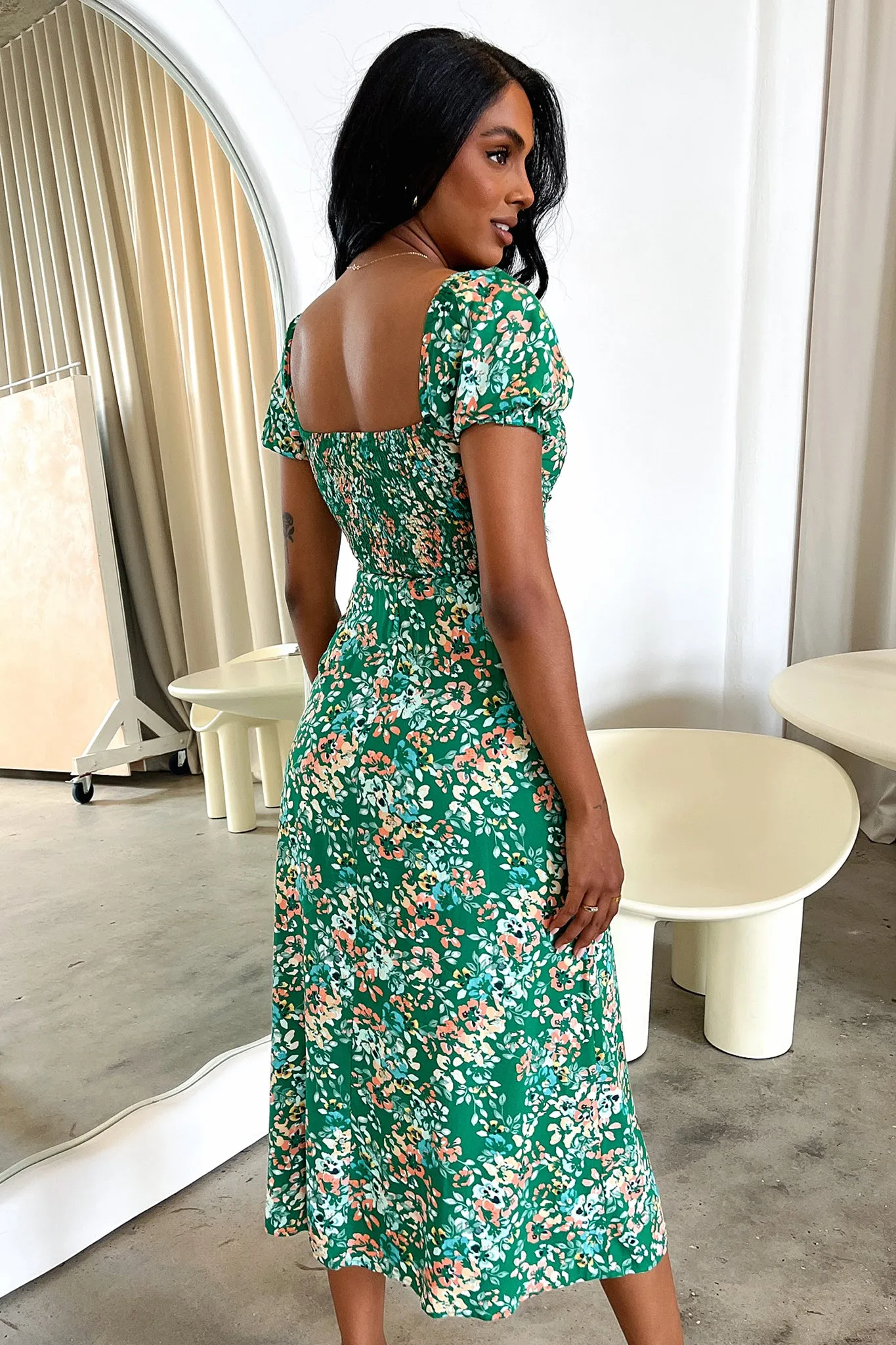 Solem Midi Dress - Dark Green Floral