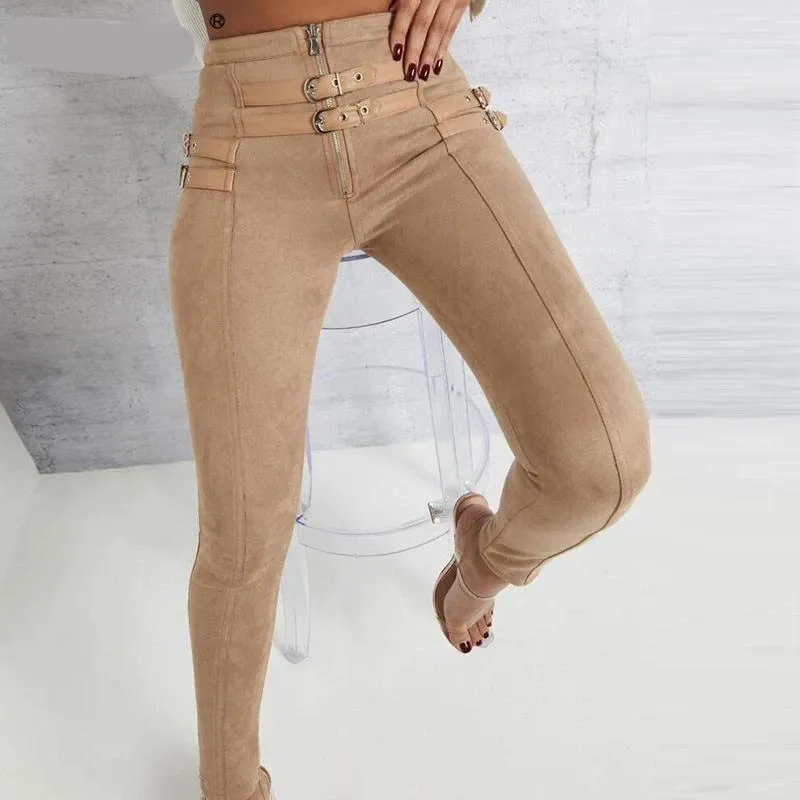 Suede Skinny High Waist Buckle Pant- Khaki