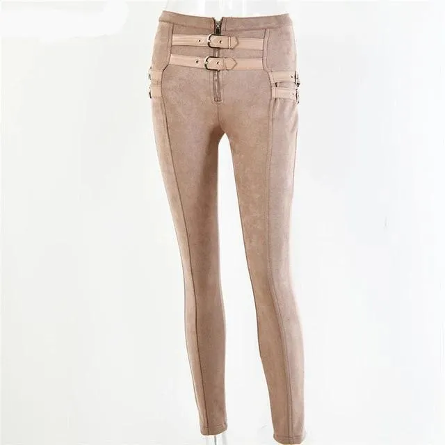 Suede Skinny High Waist Buckle Pant- Khaki