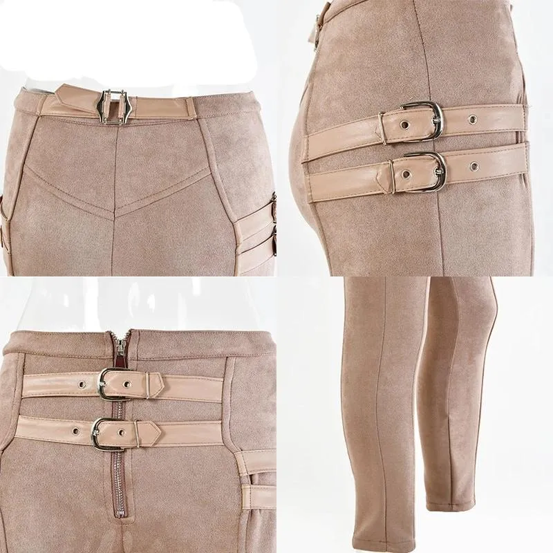 Suede Skinny High Waist Buckle Pant- Khaki