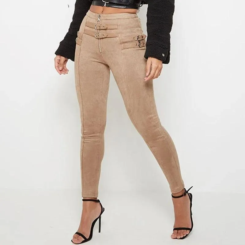 Suede Skinny High Waist Buckle Pant- Khaki