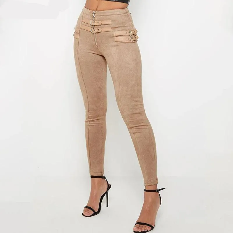 Suede Skinny High Waist Buckle Pant- Khaki