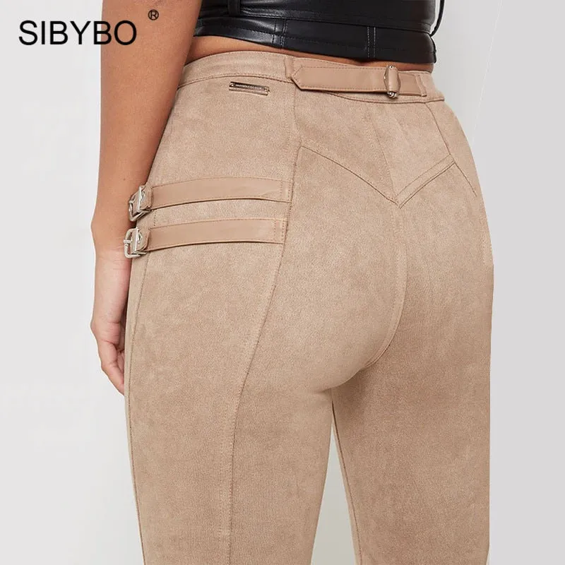 Suede Skinny High Waist Buckle Pant- Khaki