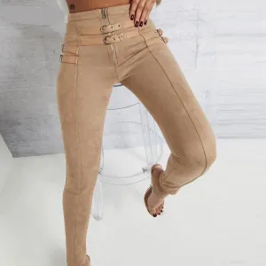Suede Skinny High Waist Buckle Pant- Khaki