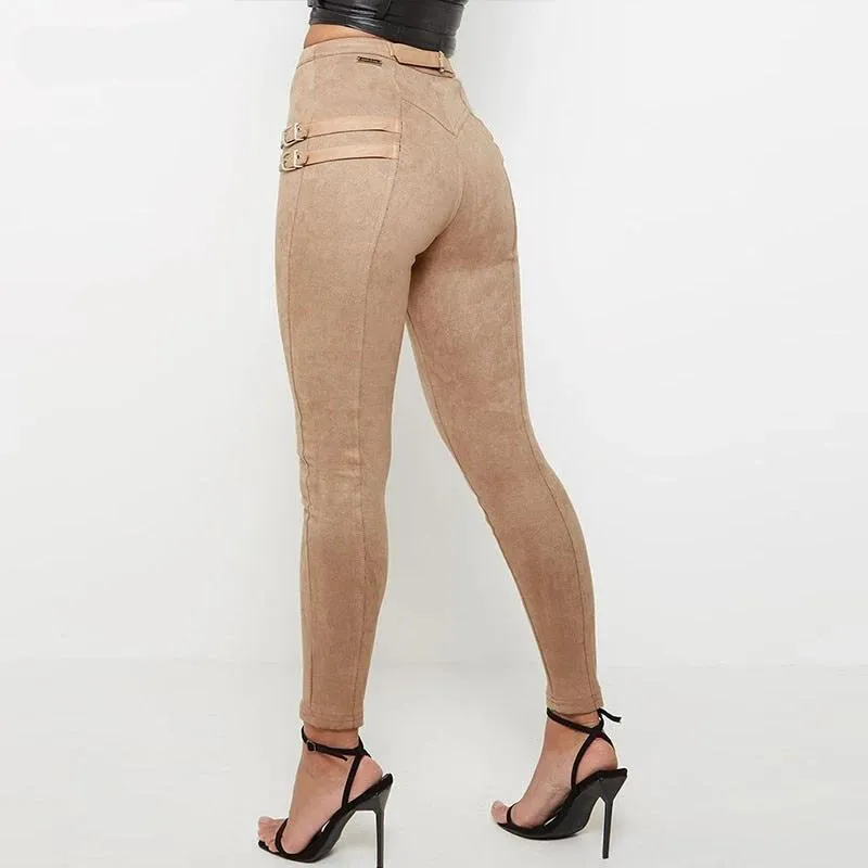 Suede Skinny High Waist Buckle Pant- Khaki